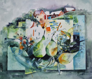 Husen på kullen  Akvarell, liten